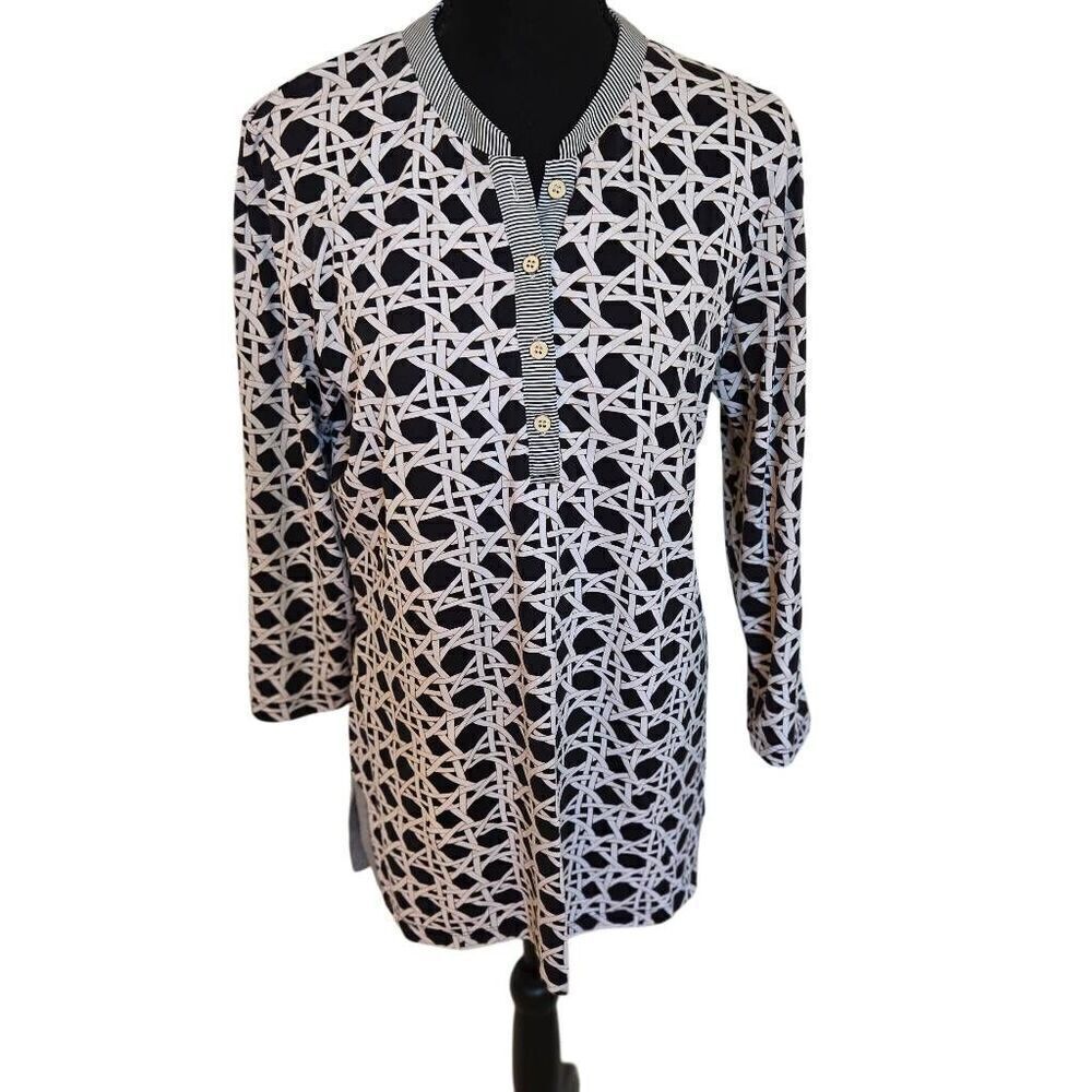 J. McLaughlin Womens Henley Geometric 3/4 Sleeve Tunic Top Black White Medium